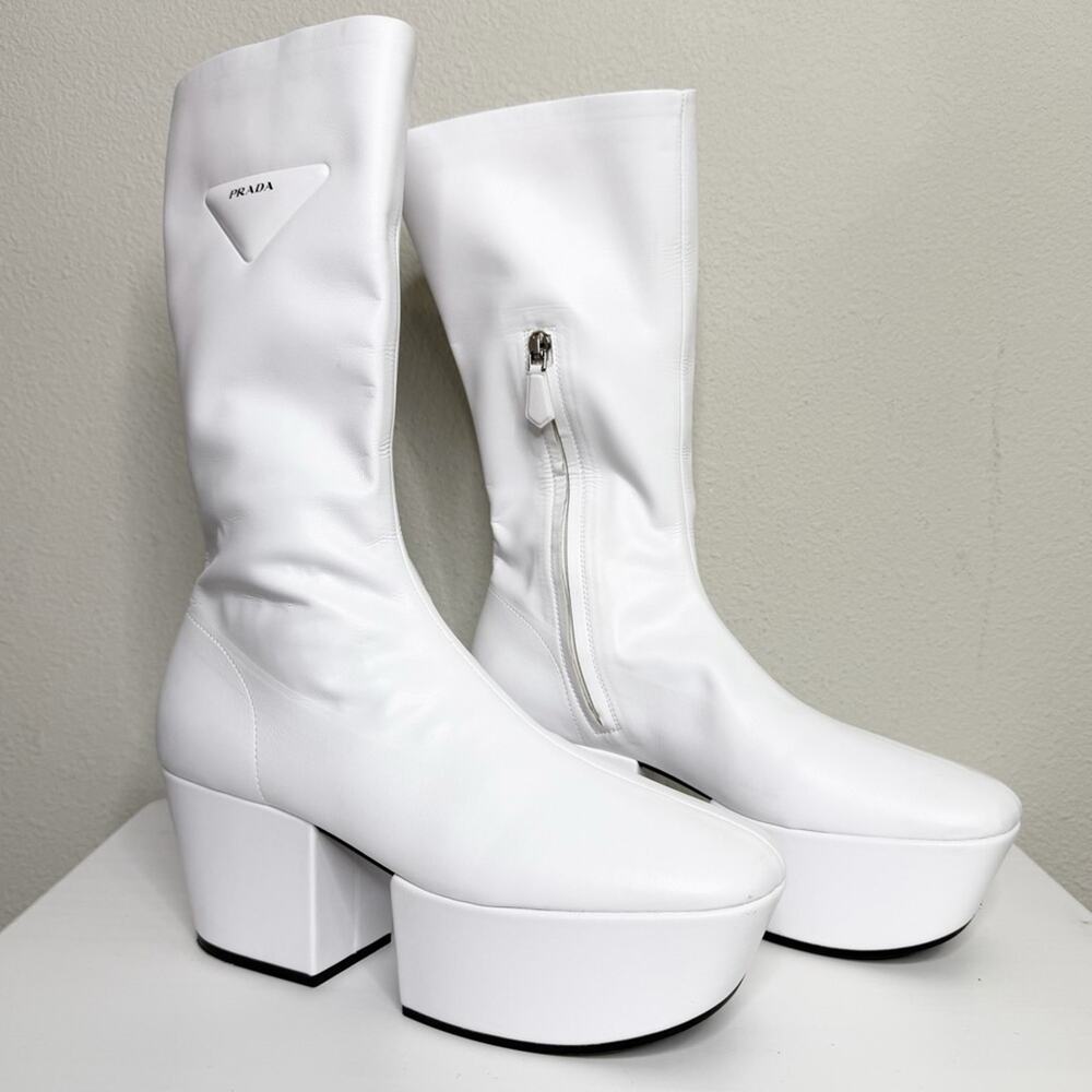 Prada Nappa Tech Triangle Logo White Chunky Platform Block Heel Boots IT Size 38 - Picture 4 of 16